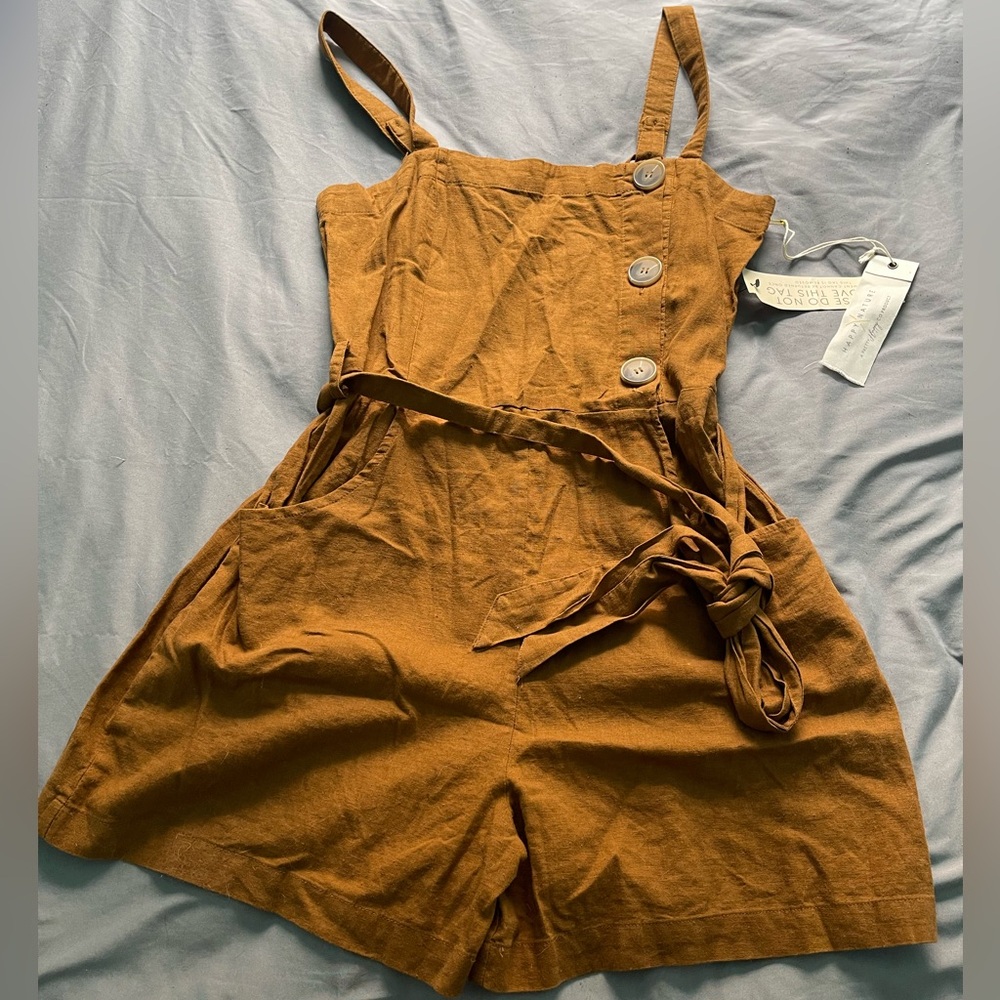 Brown rustic Happy Nature Romper with buttons. New w. tag retailed at $78.Small.